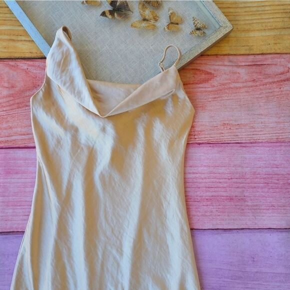 Princess Polly‎ Champagne Zamora Asymmetrical Cowl Satin Midi Dress 10US - Picture 11 of 15